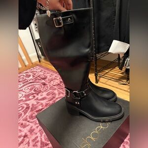Black Leather Knee-High Boots with Buckle